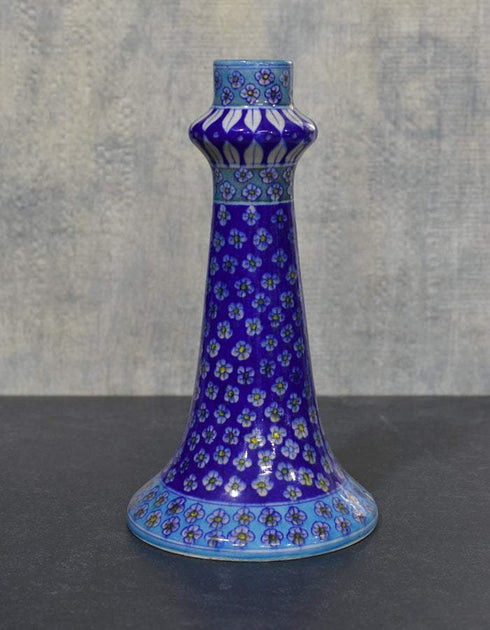 Jaipur Blue Pottery Handmade Lamp 12 Without Shade in Blue Base With White & Yellow Florals (Without Lampshade)